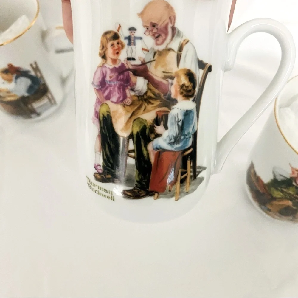 VINTAGE SET Of 5 Norman Rockwell Museum Coffee Mugs Cups White Gold Trim JAPAN